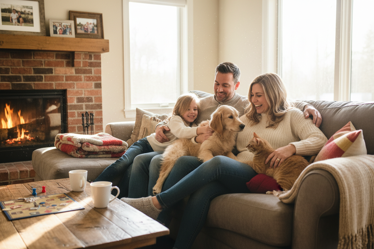 Family with dog and cat